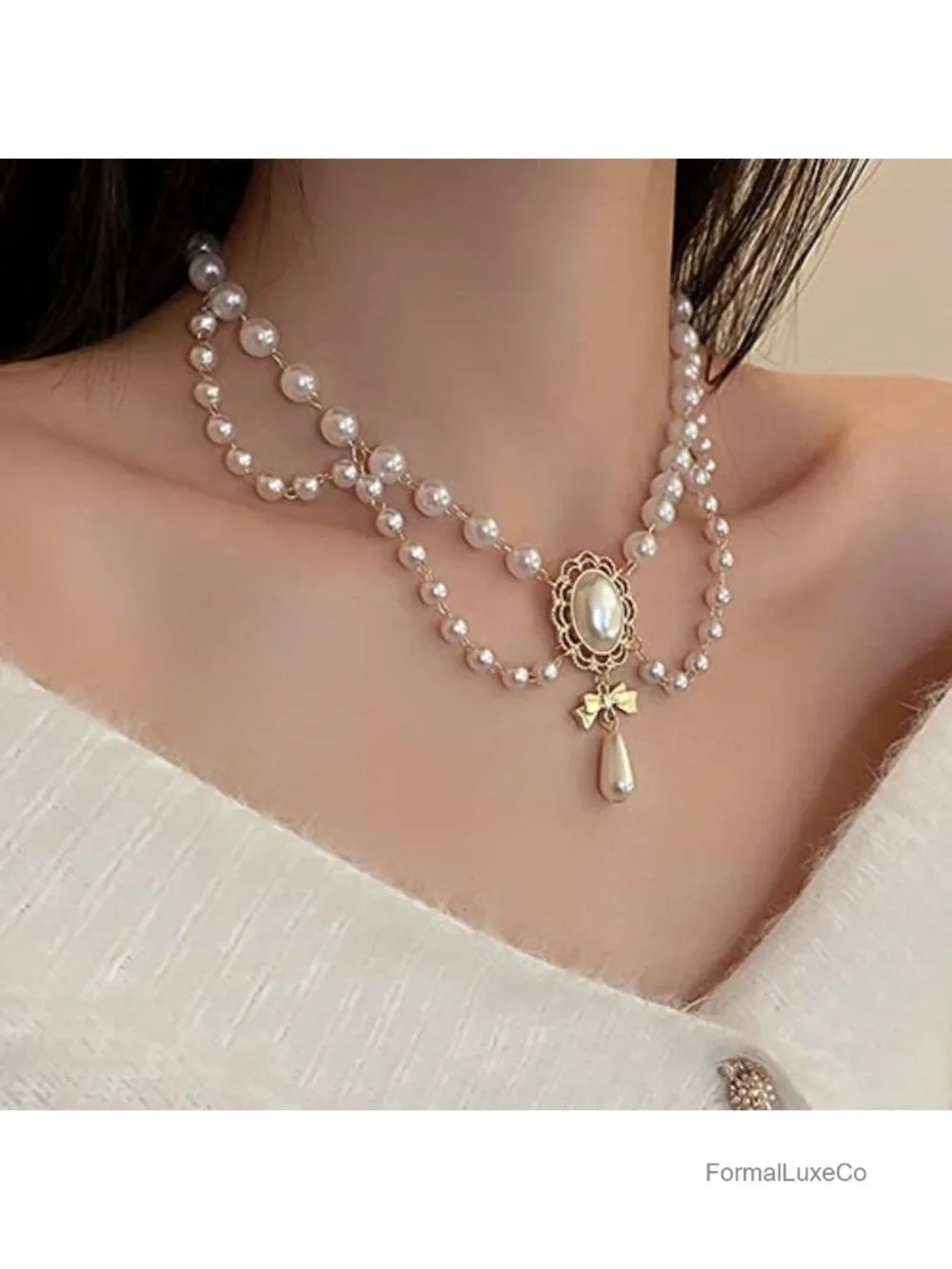 Vintage 1920s Bridal Faux Pearls Choker Necklace Layered Tassels Bow for Women